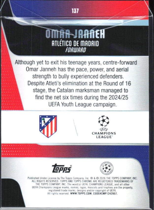 Omar Janneh – 2025-26 Topps Chrome UEFA Club Competitions #137 RC – baksida