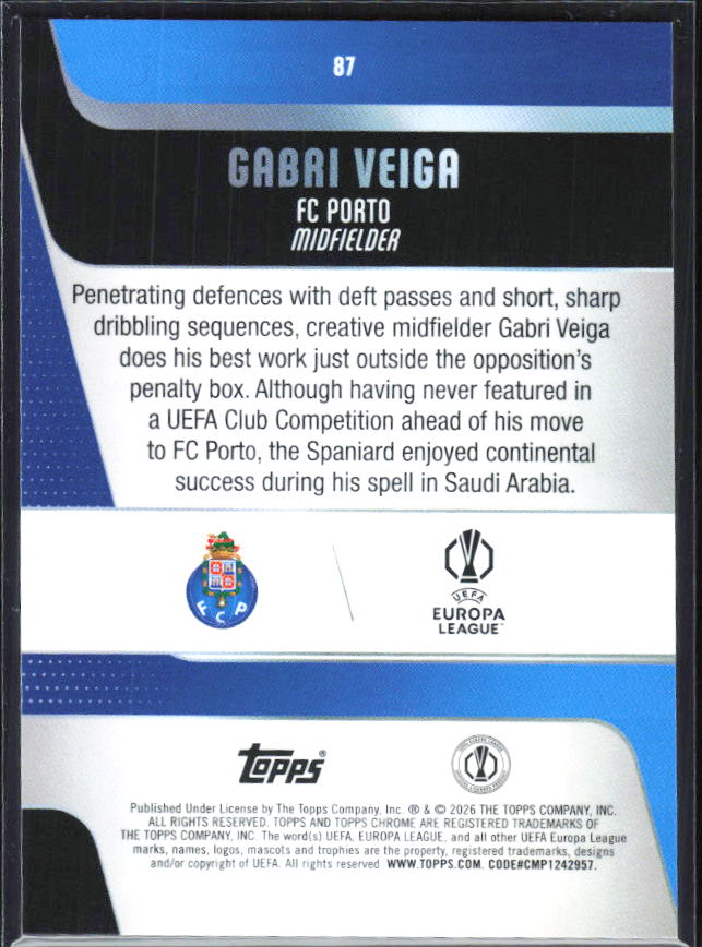 Gabri Veiga – 2025-26 Topps Chrome UEFA Club Competitions #87 – baksida