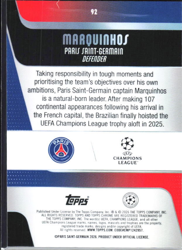 Marquinhos – 2025-26 Topps Chrome UEFA Club Competitions #92 – baksida