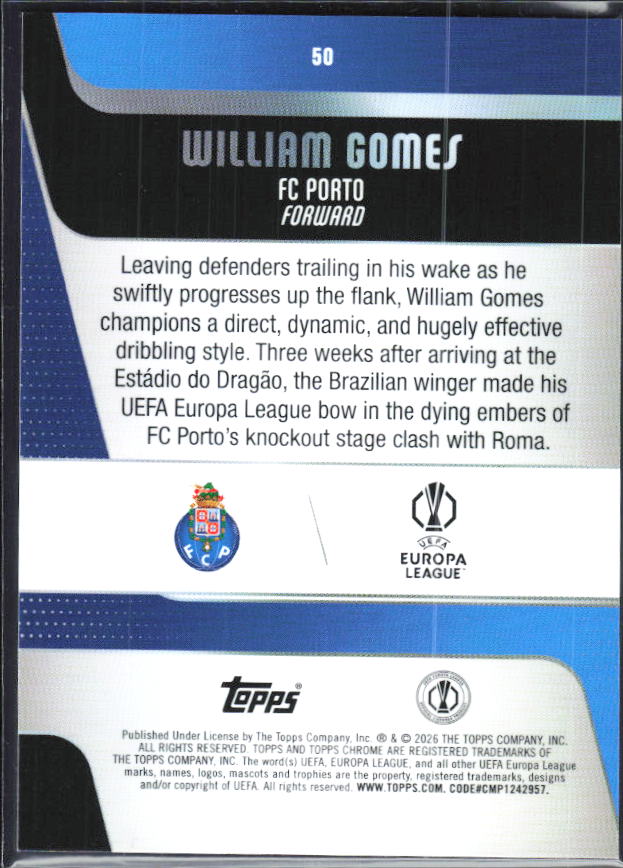 William Gomes – 2025-26 Topps Chrome UEFA Club Competitions #50 – baksida
