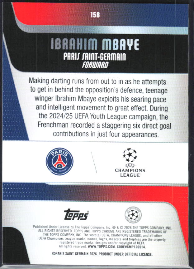 Ibrahim Mbaye – 2025-26 Topps Chrome UEFA Club Competitions #158 Future Stars – baksida