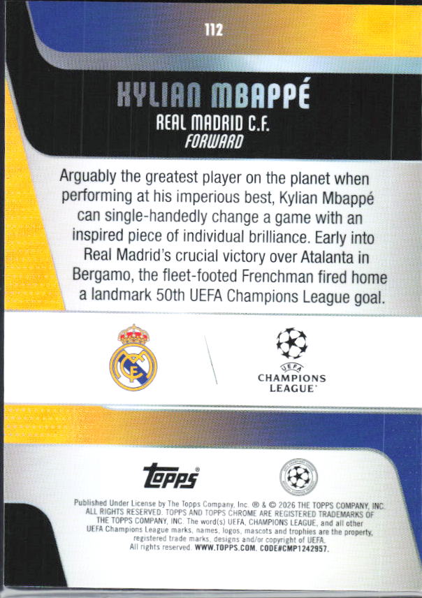 Kylian Mbappé – 2025-26 Topps Chrome UEFA Club Competitions #112 – baksida