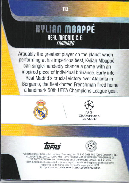 Kylian Mbappé – 2025-26 Topps Chrome UEFA Club Competitions #112 – baksida