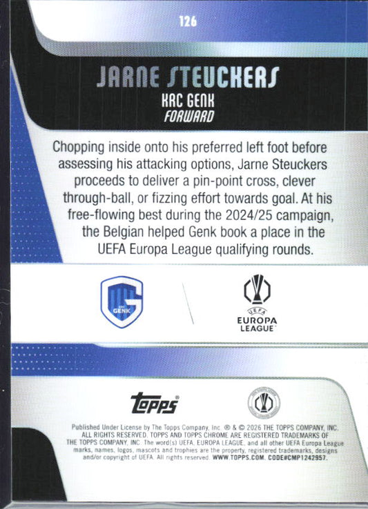Jarne Steuckers – 2025-26 Topps Chrome UEFA Club Competitions #126 RC – baksida
