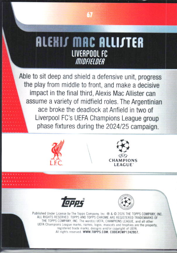 Alexis Mac Allister – 2025-26 Topps Chrome UEFA Club Competitions #67 – baksida