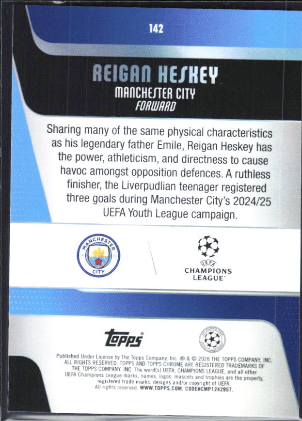 Reigan Heskey – 2025-26 Topps Chrome UEFA Club Competitions #142 RC – baksida