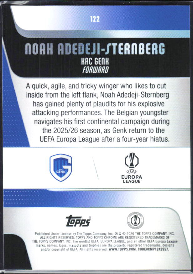 Noah Adedeji-Sternberg – 2025-26 Topps Chrome UEFA Club Competitions #122 RC – baksida
