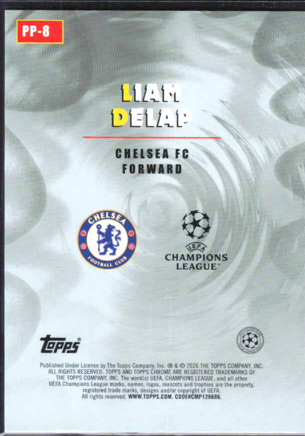 Liam Delap – 2025-26 Topps Chrome UEFA Club Competitions #PP-8 Power Players – baksida