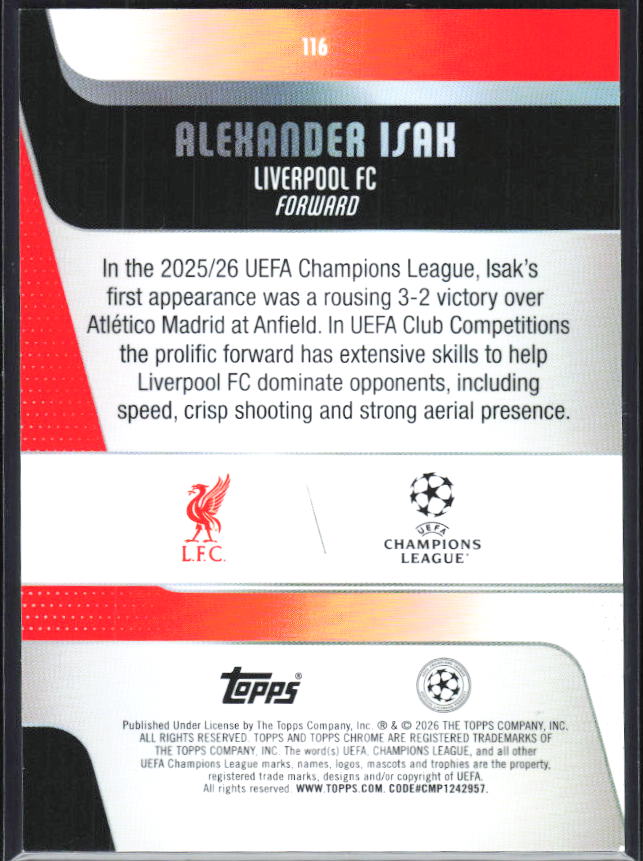 Alexander Isak – 2025-26 Topps Chrome UEFA Club Competitions #116 – baksida
