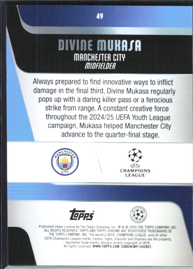 Divine Mukasa – 2025-26 Topps Chrome UEFA Club Competitions #49 RC – baksida