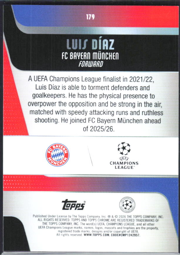 Luis Díaz – 2025-26 Topps Chrome UEFA Club Competitions #179 – baksida