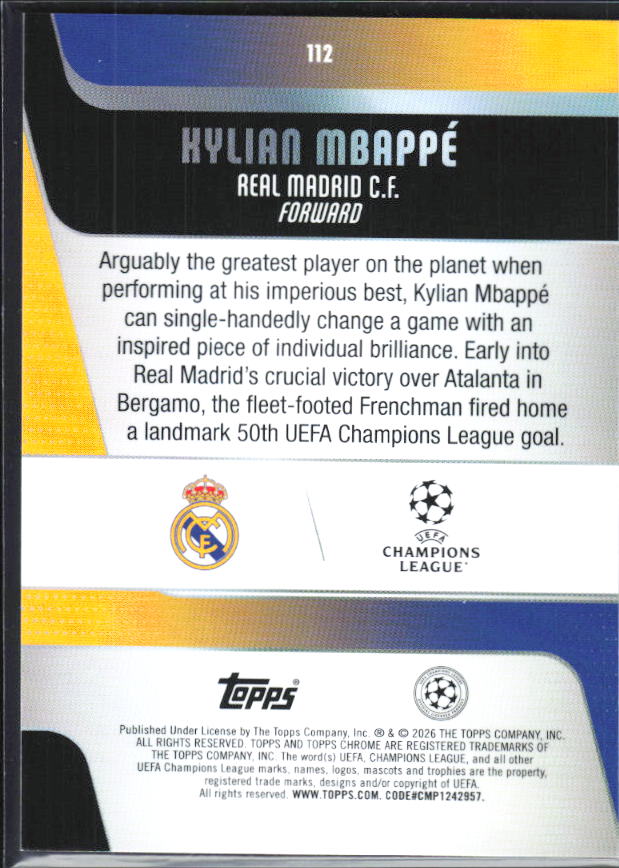 Kylian Mbappé – 2025-26 Topps Chrome UEFA Club Competitions #112 – baksida