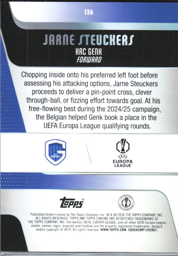 Jarne Steuckers – 2025-26 Topps Chrome UEFA Club Competitions #126 RC – baksida