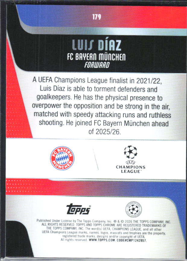 Luis Díaz – 2025-26 Topps Chrome UEFA Club Competitions #179 – baksida
