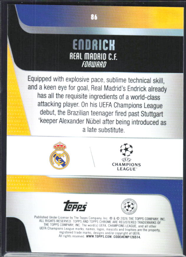 Endrick – 2025-26 Topps Chrome UEFA Club Competitions #86 Future Stars – baksida