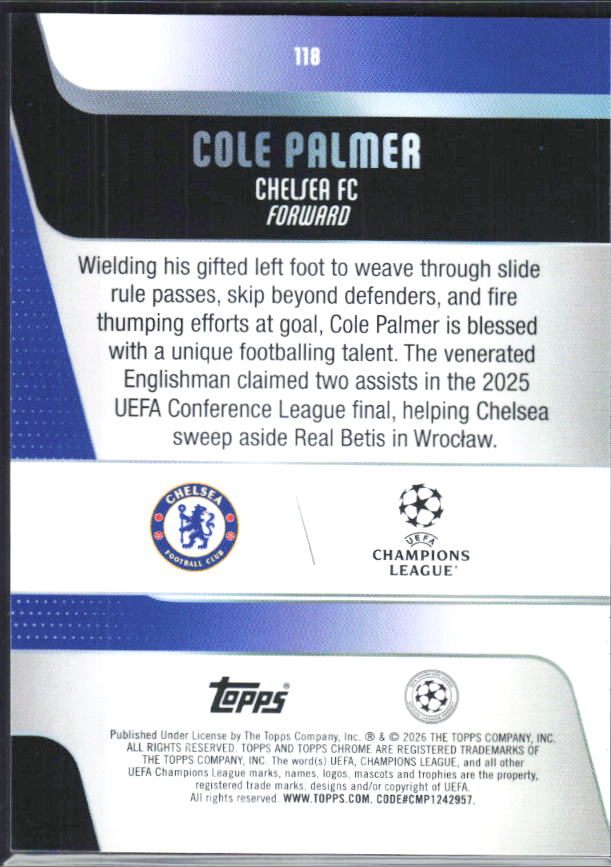 Cole Palmer – 2025-26 Topps Chrome UEFA Club Competitions #118 – baksida