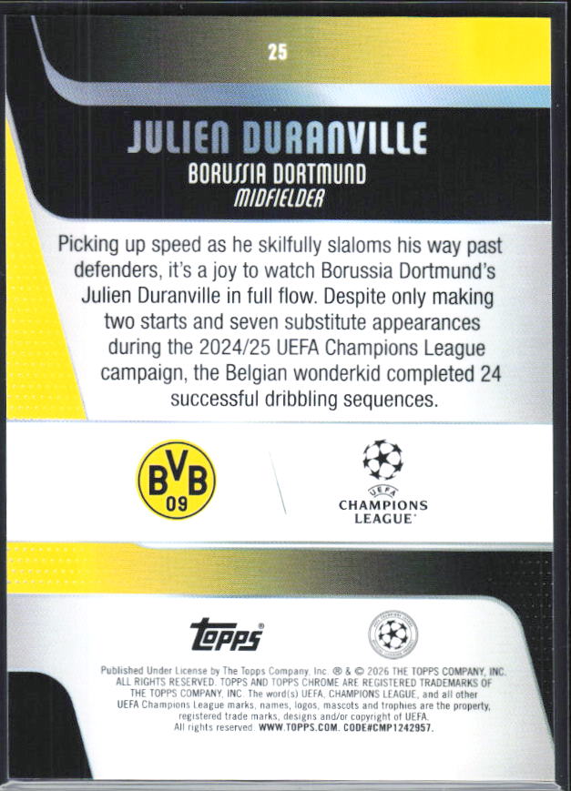 Julien Duranville – 2025-26 Topps Chrome UEFA Club Competitions #25 – baksida