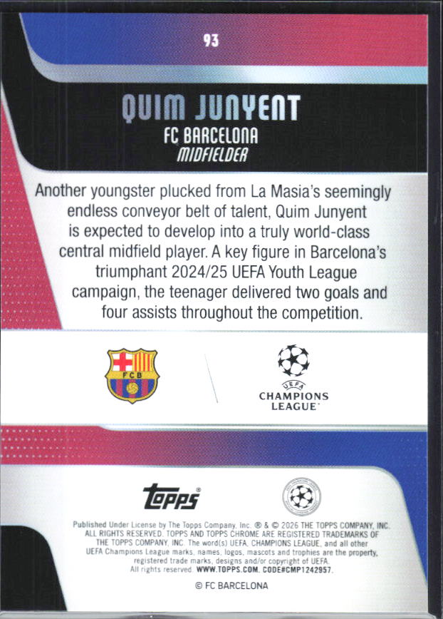 Quim Junyent – 2025-26 Topps Chrome UEFA Club Competitions #93 RC – baksida