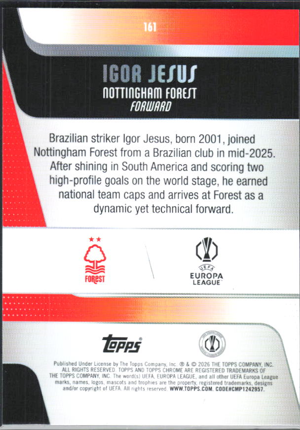 Igor Jesus – 2025-26 Topps Chrome UEFA Club Competitions #161 RC – baksida