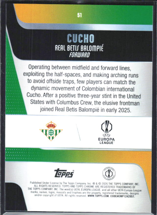 Cucho – 2025-26 Topps Chrome UEFA Club Competitions #51 – baksida
