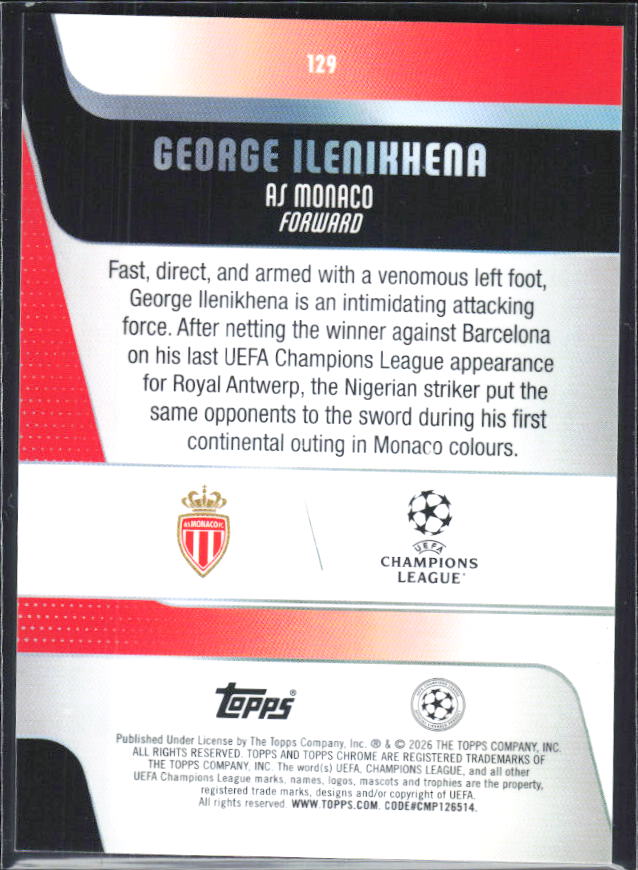 George Ilenikhena – 2025-26 Topps Chrome UEFA Club Competitions #129 Future Stars – baksida
