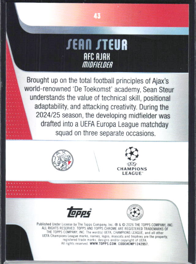 Sean Steur – 2025-26 Topps Chrome UEFA Club Competitions #43 RC – baksida