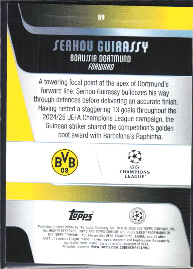 Serhou Guirassy – 2025-26 Topps Chrome UEFA Club Competitions #59 – baksida