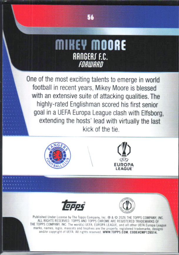Mikey Moore – 2025-26 Topps Chrome UEFA Club Competitions #56 Future Stars – baksida