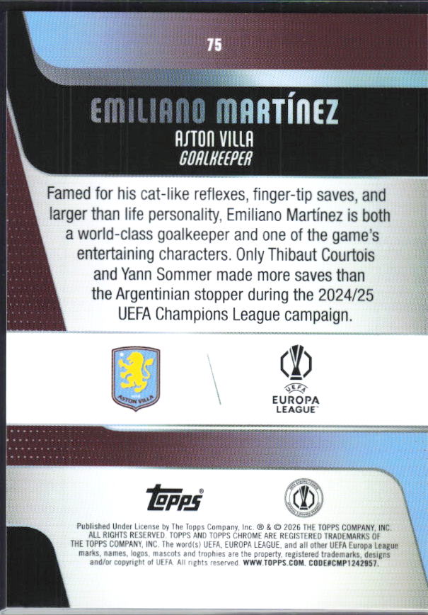 Emiliano Martínez – 2025-26 Topps Chrome UEFA Club Competitions #75 – baksida