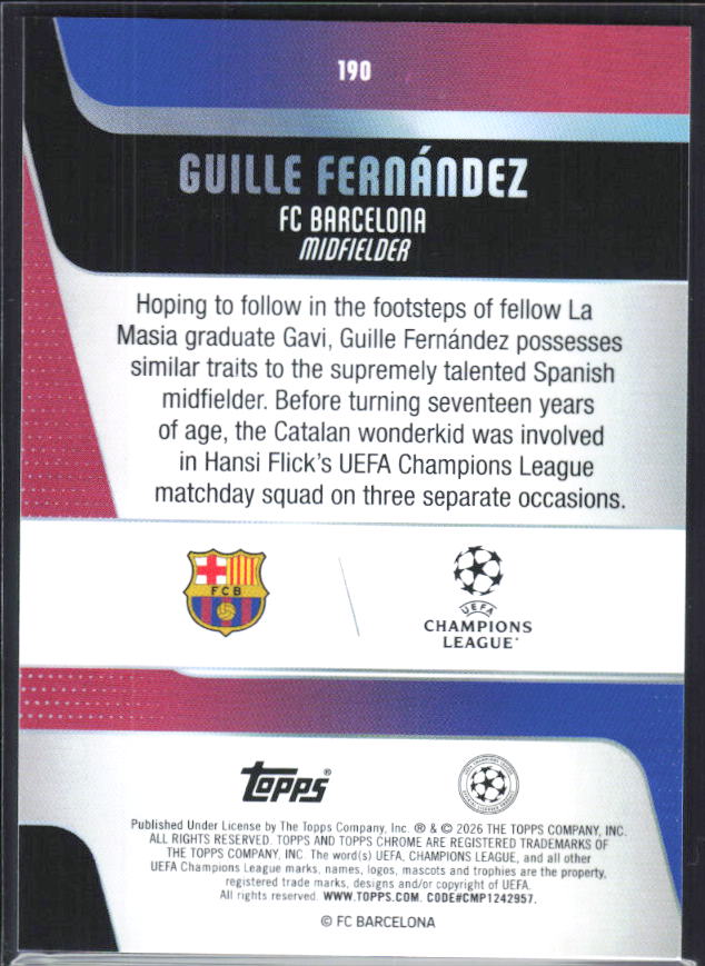 Guille Fernández – 2025-26 Topps Chrome UEFA Club Competitions #190 RC – baksida