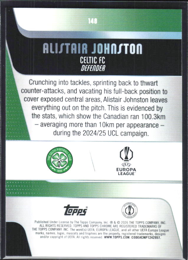 Alistair Johnston – 2025-26 Topps Chrome UEFA Club Competitions #148 – baksida