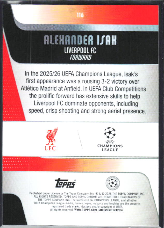 Alexander Isak – 2025-26 Topps Chrome UEFA Club Competitions #116 – baksida