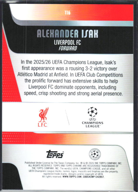 Alexander Isak – 2025-26 Topps Chrome UEFA Club Competitions #116 – baksida