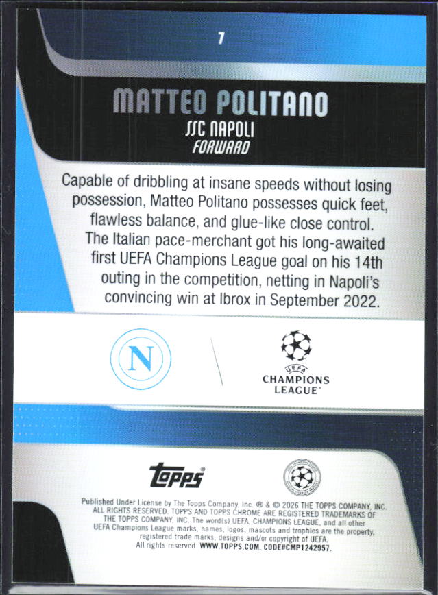 Matteo Politano – 2025-26 Topps Chrome UEFA Club Competitions #7 – baksida