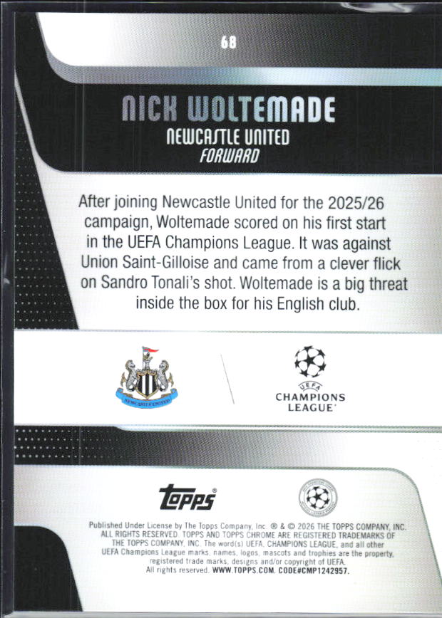 Nick Woltemade – 2025-26 Topps Chrome UEFA Club Competitions #68 – baksida