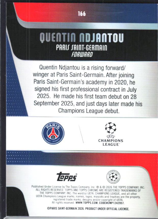 Quentin Ndjantou – 2025-26 Topps Chrome UEFA Club Competitions #166 RC – baksida