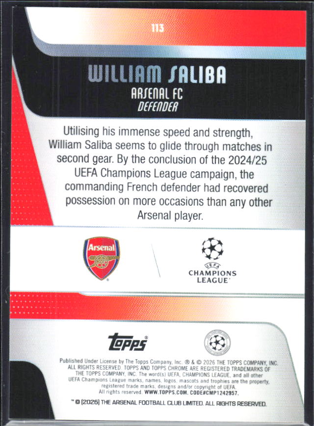 William Saliba – 2025-26 Topps Chrome UEFA Club Competitions #113 – baksida
