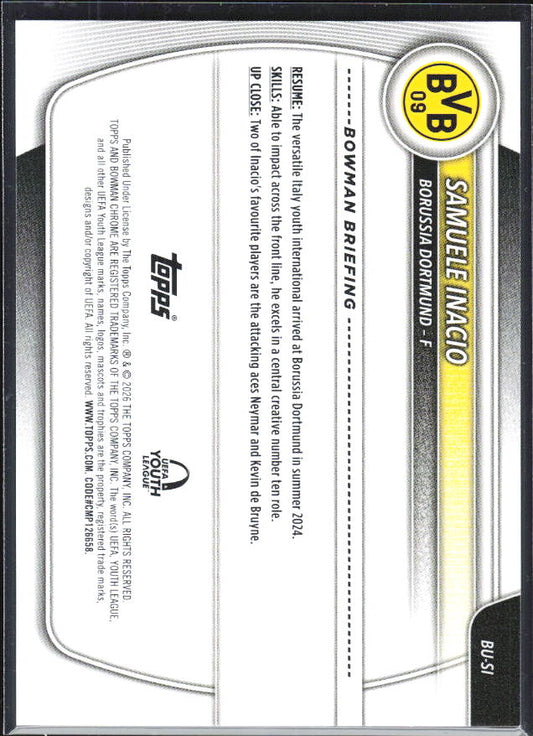 Samuele Inácio – 2025-26 Topps Chrome UEFA Club Competitions #BU-SI 1st Bowman Chrome Youth League – baksida