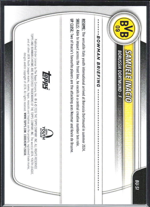 Samuele Inácio – 2025-26 Topps Chrome UEFA Club Competitions #BU-SI 1st Bowman Chrome Youth League – baksida