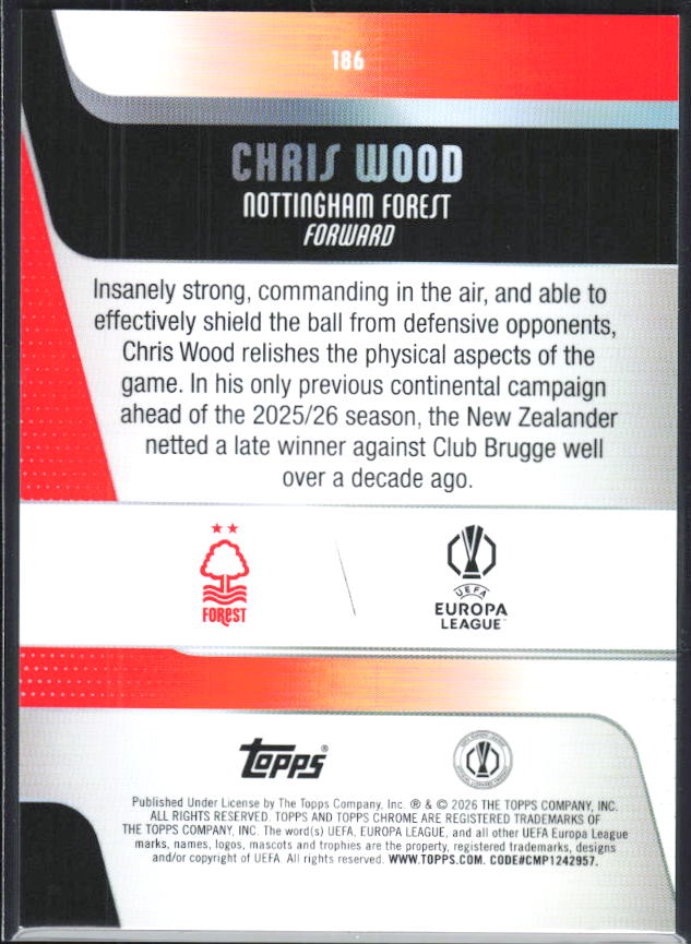 Chris Wood – 2025-26 Topps Chrome UEFA Club Competitions #186 – baksida