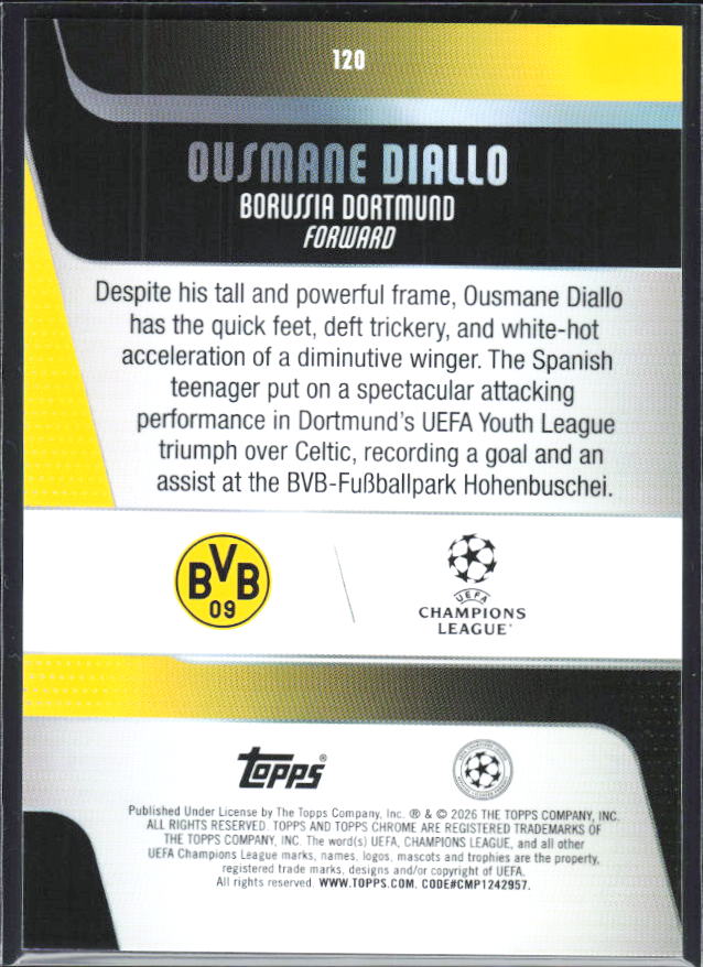 Ousmane Diallo – 2025-26 Topps Chrome UEFA Club Competitions #120 RC – baksida