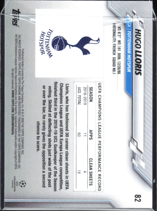 Hugo Lloris – 2019-20 Topps Chrome UEFA Champions League Sapphire #82 – baksida
