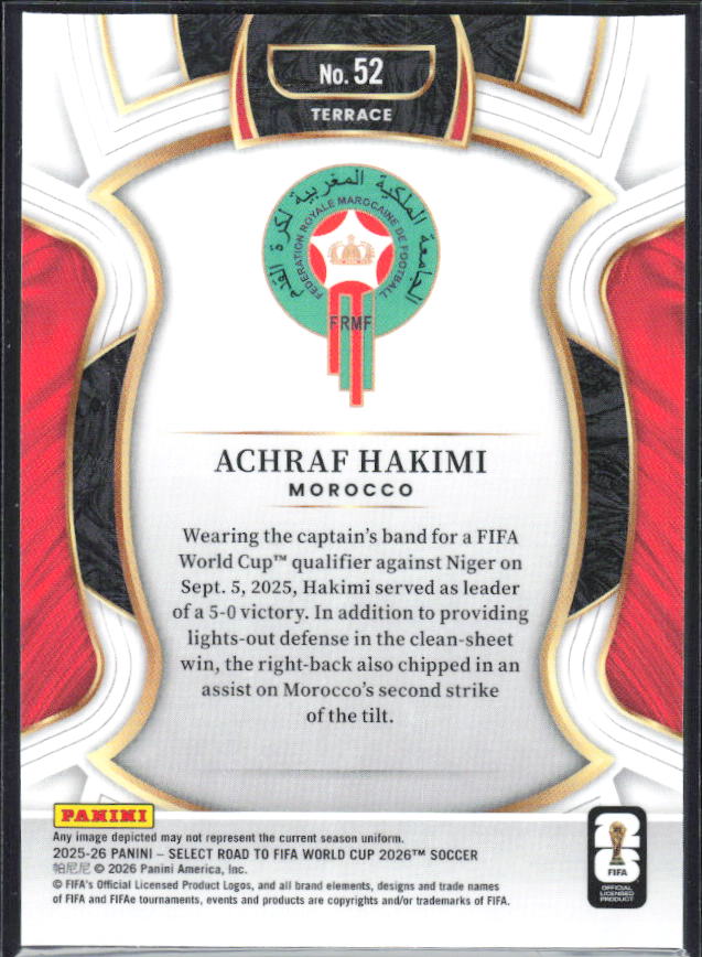 Achraf Hakimi – 2025-26 Panini Select Road to FIFA World Cup #52 Terrace – baksida
