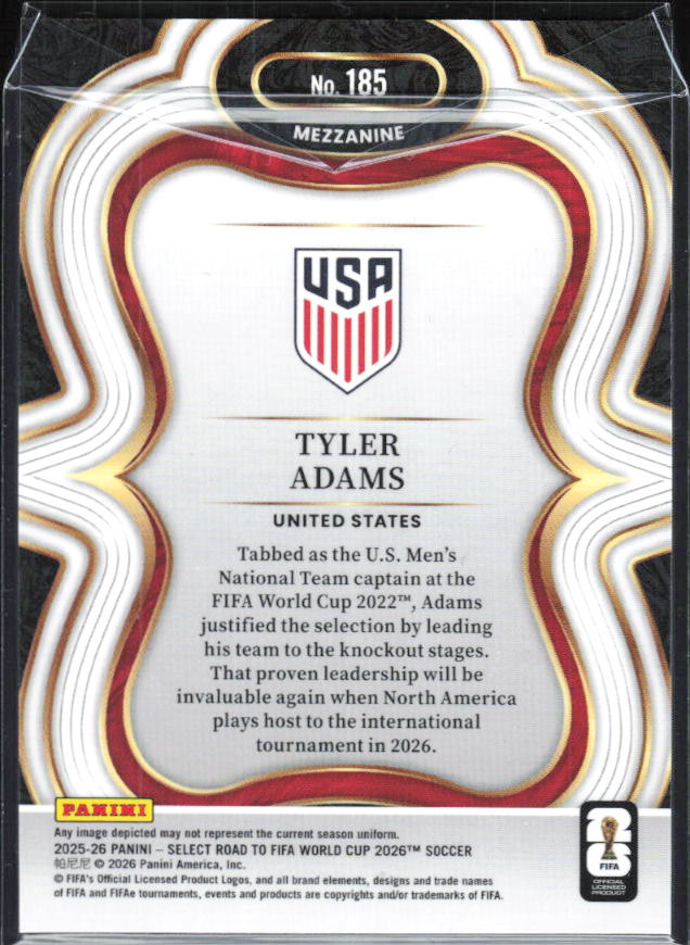 Tyler Adams – 2025-26 Panini Select Road to FIFA World Cup #185 Mezzanine – baksida