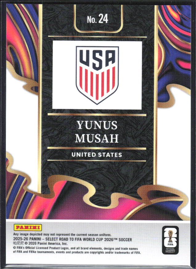 Yunus Musah – 2025-26 Panini Select Road to FIFA World Cup #24 Unstoppable – baksida