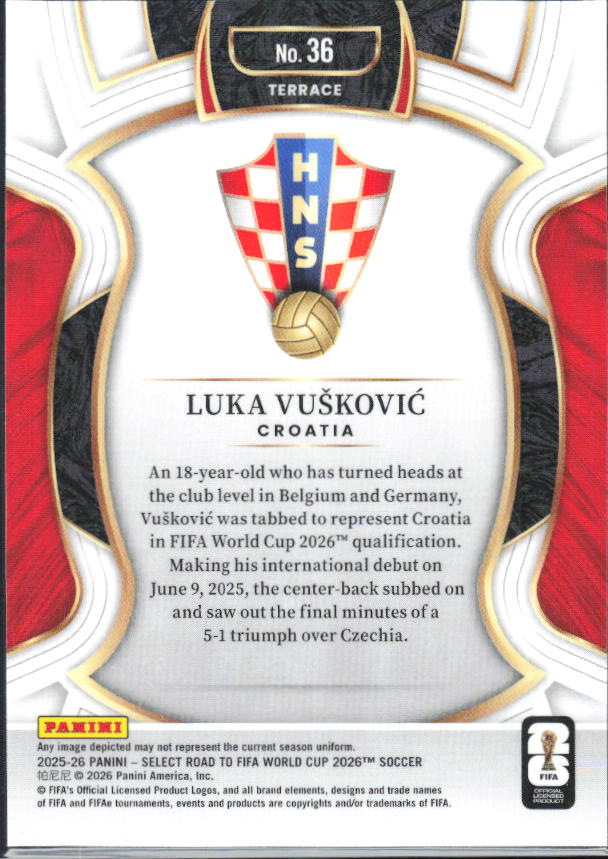 Luka Vušković – 2025-26 Panini Select Road to FIFA World Cup #36 Terrace RC – baksida