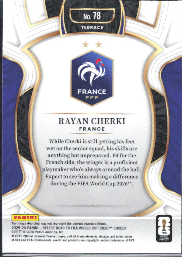 Rayan Cherki – 2025-26 Panini Select Road to FIFA World Cup #78 Terrace – baksida