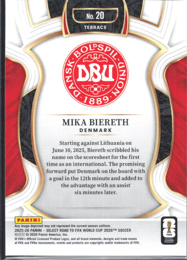Mika Biereth – 2025-26 Panini Select Road to FIFA World Cup #20 Terrace RC – baksida