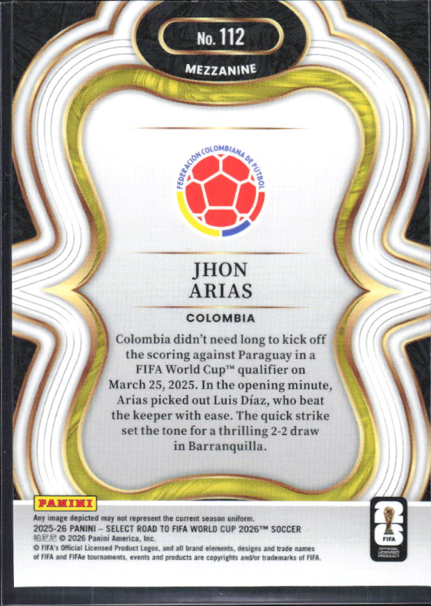 Jhon Arias – 2025-26 Panini Select Road to FIFA World Cup #112 Mezzanine – baksida