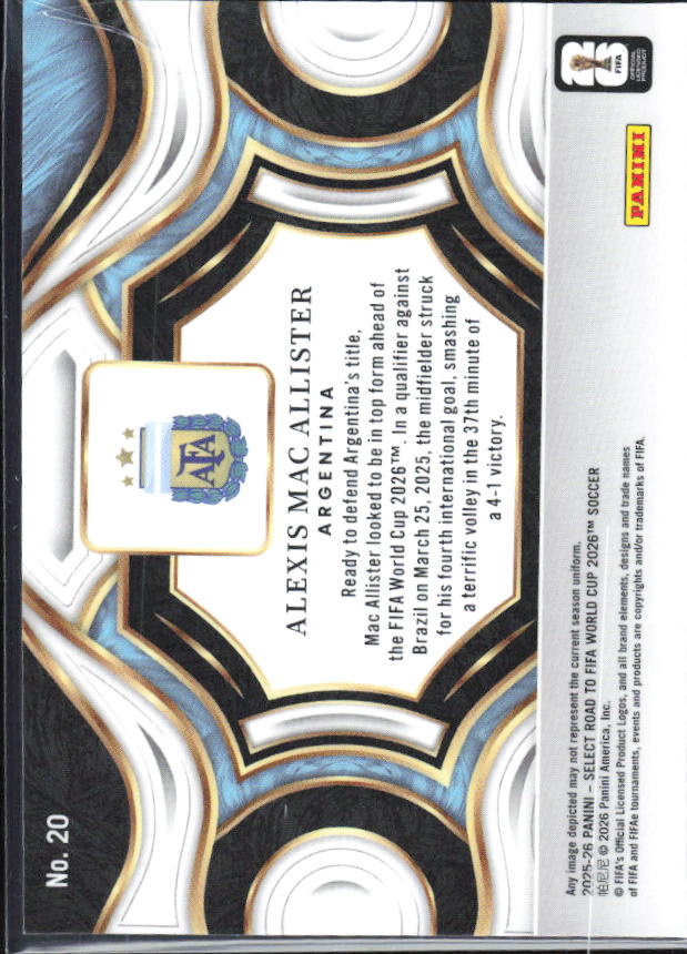 Alexis Mac Allister – 2025-26 Panini Select Road to FIFA World Cup #20 Snapshots – baksida